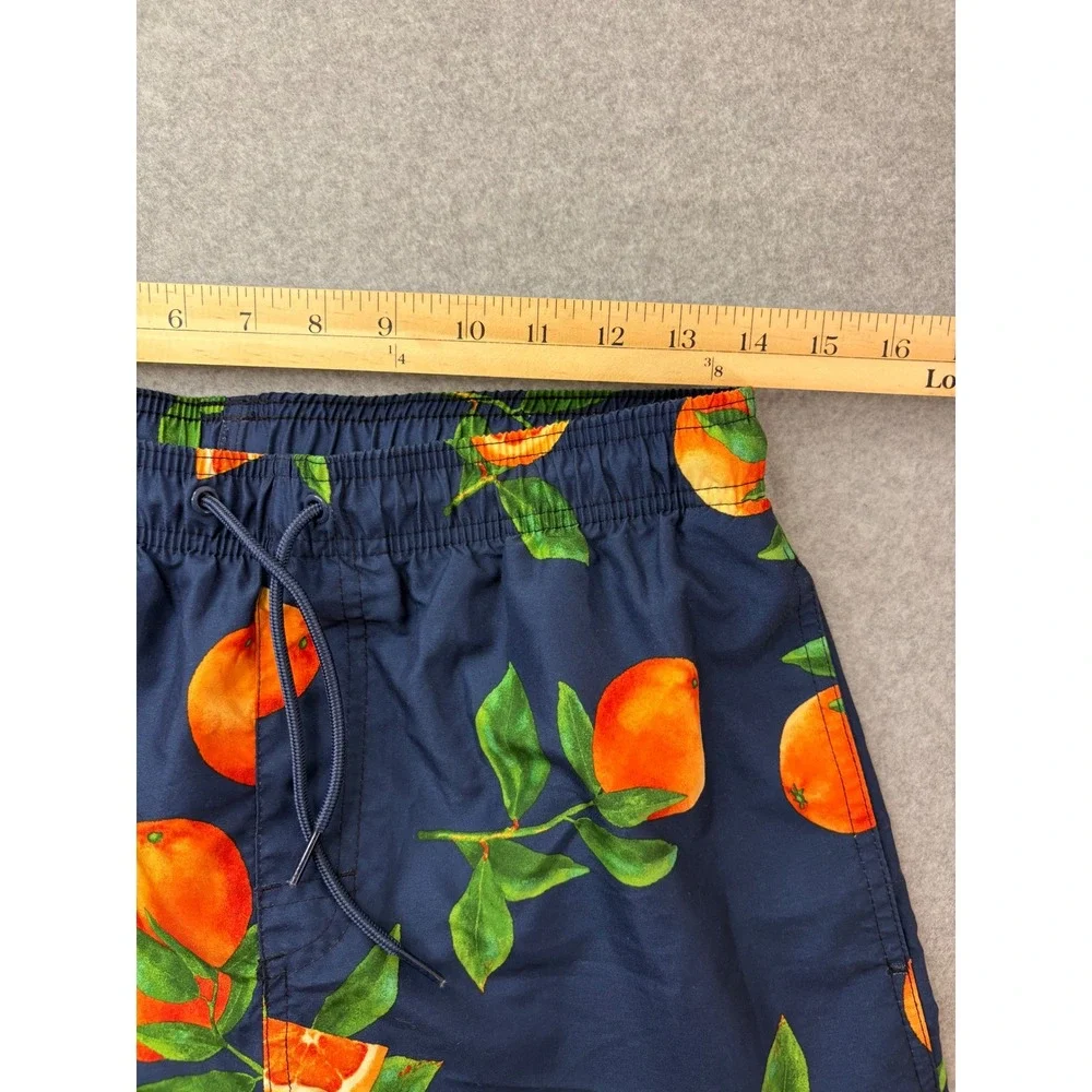 Old Navy Mens Orange Fruit Print Swim Trunks Navy Blue Mesh Lined‎ Size Small